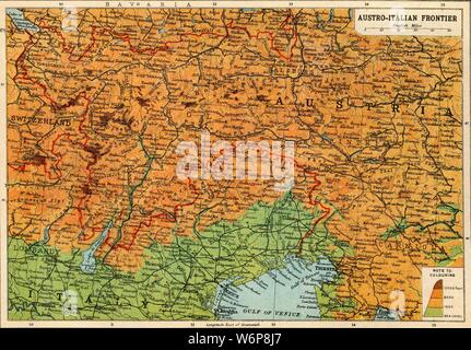 Mappa della frontiera Austro-Italian, la prima guerra mondiale, (c1920). Area montuosa tra Salisburgo e Trieste e Cremona, mostrando il Tirolo. Da "La grande guerra mondiale - una storia" III volume, edito da Frank un Mumby. [Il Gresham Publishing Company Ltd, Londra, c1920] Foto Stock