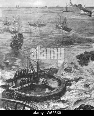 "Il Principe di Galles e il Duca di Edimburgo la posa della prima pietra del nuovo faro di Eddystone, Agosto 19, 1879, (1901). Prince Albert Edward (1841-1910), il futuro re Edoardo VII, e suo fratello il principe Alfred, duca di Saxe-Coburg e Gotha (1844-1900) presso il sito del quarto Eddystone Faro al largo della costa della Cornovaglia. La torre fu progettata da James Nicholas Douglass di avvisare spedizioni lontano dalle pericolose Eddystone Rocks. "Dall'Illustrated London News Record del glorioso Regno della Regina Victoria 1837-1901: la vita e l'adesione del re Edward VII e L Foto Stock