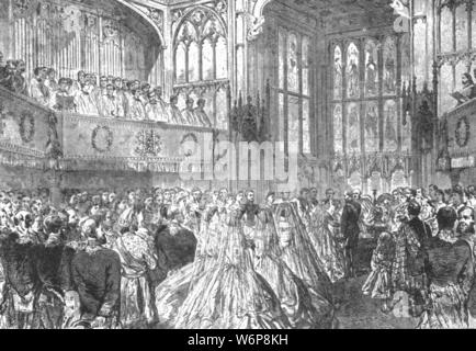 " Il Matrimonio della principessa Helena con il principe cristiano di Schleswig-Holstein nella cappella privata, Windsor, 5 luglio 1866', (1901). La principessa Helena (1846-1923), figlia della regina Victoria, sposato il principe cristiano di Schleswig-Holstein (1831-1917) al Castello di Windsor in Berkshire. "Dall'Illustrated London News Record del glorioso Regno della Regina Victoria 1837-1901: la vita e l'adesione del re Edward VII e la vita della regina Alexandra". [Londra, 1901] Foto Stock