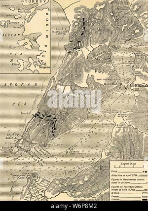 "La campagna di Gallipoli', la prima guerra mondiale, 1915, (c1920). Mappa che illustra le operazioni degli Alleati sotto Sir Ian Hamilton dall'atterraggio sul 25 aprile al 30 maggio 1915'. Hamilton è stato il Comandante in Capo del Mediterraneo forza expeditionary nell'infruttuosa campagna contro la Turchia a Gallipoli. Da "La grande guerra mondiale - una storia" III volume, edito da Frank un Mumby. [Il Gresham Publishing Company Ltd, Londra, c1920] Foto Stock