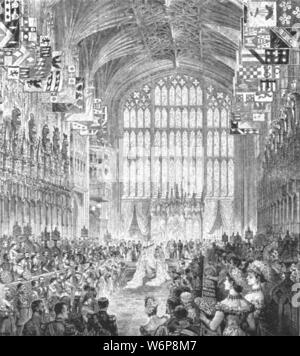 " Il matrimonio del duca di Albany con la principessa Elen di Waldeck-Pyrmont in la Cappella di San Giorgio., Windsor, Aprile 27, 1882, (1901). Il principe Leopoldo (1853-1884), un figlio della regina Victoria, sposato la principessa Helena di Waldeck e Pyrmont (1861-1922) a alla cappella di San Giorgio nel Castello di Windsor. "Dall'Illustrated London News Record del glorioso Regno della Regina Victoria 1837-1901: la vita e l'adesione del re Edward VII e la vita della regina Alexandra". [Londra, 1901] Foto Stock