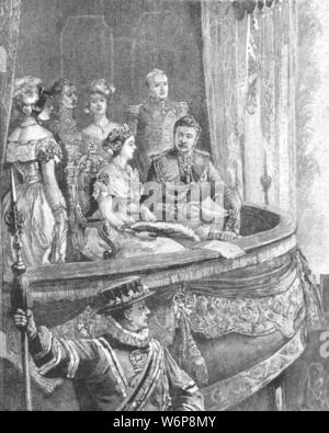 "La Regina Vittoria e il Principe Consorte presso la Royal Opera Italiana", 1849, (1901). La regina (1819-1901) e suo marito il Principe Alberto (1819-1861) presso il teatro di Covent Garden di Londra. "Dall'Illustrated London News Record del glorioso Regno della Regina Victoria 1837-1901: la vita e l'adesione del re Edward VII e la vita della regina Alexandra". [Londra, 1901] Foto Stock