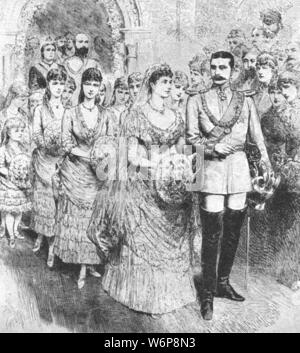 " Il Matrimonio della principessa Beatrice con il Principe Enrico di Battenberg a Whippingham Chiesa, luglio 23, 1885, (1901). Il Principe Enrico di Battenberg (1858-1896) sposò Beatrice (1857-1944), la più giovane figlia della regina Victoria, a St Mildred la chiesa di Whippingham, Isola di Wight. "Dall'Illustrated London News Record del glorioso Regno della Regina Victoria 1837-1901: la vita e l'adesione del re Edward VII e la vita della regina Alexandra". [Londra, 1901] Foto Stock