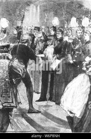 "La Principessa Alexandra in apertura del Royal College of Music di Maggio 2, 1894", (1901). La principessa Alexandra della Danimarca (1844-1925, futura Regina Alexandra) all'RCM a South Kensington, Londra. "Dall'Illustrated London News Record del glorioso Regno della Regina Victoria 1837-1901: la vita e l'adesione del re Edward VII e la vita della regina Alexandra". [Londra, 1901] Foto Stock