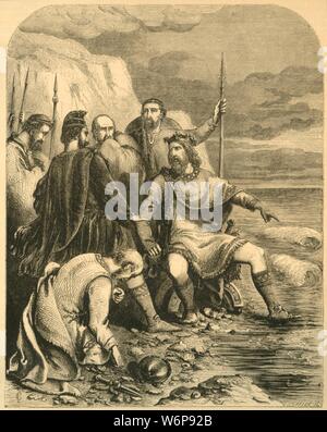 "Canute rimproverando le lusinghe del suo cortigiani', C1890. Re Canuto (C995-1035), spiegando la sua umanità, il mare non gli obbediscono. Da "Cassell è illustrata la storia dell'Inghilterra". Foto Stock