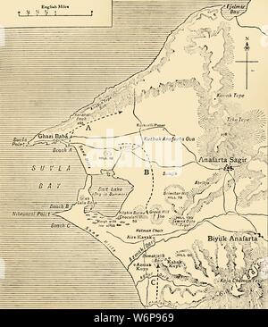 Mappa di Suvla Bay, penisola di Gallipoli, la prima guerra mondiale, 1915, (c1920). "Dopo l'Suvla Bay Sbarco: posizioni approssimative del generale Stopford le sue divisioni nella notte del 7 agosto 1915'. La penisola di Gallipoli in Turchia è stata teatro di pesanti combattimenti tra le forze alleate dell'Impero Britannico comprese Australia e Nuova Zelanda, e il bagno turco Impero Ottomano. Da "La grande guerra mondiale - una storia" Volume IV, edito da Frank un Mumby. [Il Gresham Publishing Company Ltd, Londra, c1920] Foto Stock