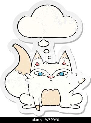 Cartoon Arctic Fox con bolle di pensiero come un distressed adesivo usurati Illustrazione Vettoriale