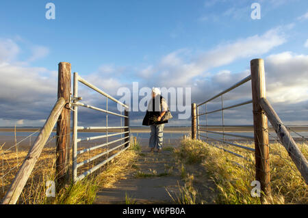 Donna anziana in piedi sulla diga e affacciato sulla Schelda occidentale in direzione di Anversa in Zeeland, Paesi Bassi Foto Stock