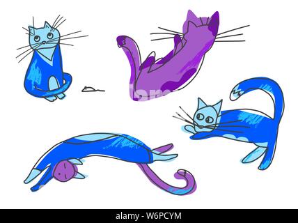 I gatti domestici impostare isolati su sfondo bianco. Vettore diverso i gattini di raccolta. Illustrazione Vettoriale