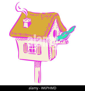 Robin seduto su un pesce persico nella parte anteriore da un confortevole, birdhouse home Foto Stock