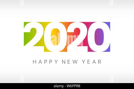 Felice anno nuovo 2020. Colorato biglietto di auguri su sfondo bianco. Design minimale. Gradiente di colore con numeri bianchi. 2020 vacanza testo banner. Vettore Illustrazione Vettoriale