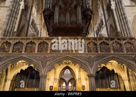 Scene bibliche sulla pietra Pulpitum schermo costruito tra il 1317 e il 1325. Organo a canne può essere visto in precedenza. La Cattedrale di Exeter (110) Foto Stock