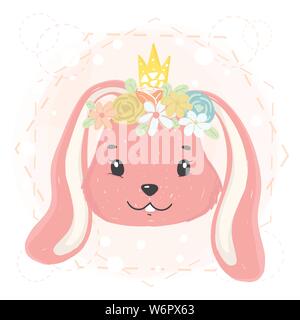 Carino bunny faccia con ghirlanda di fiori e la corona nella primavera del vettore di piatto idea per scheda stampabile, kid t shirt Illustrazione Vettoriale