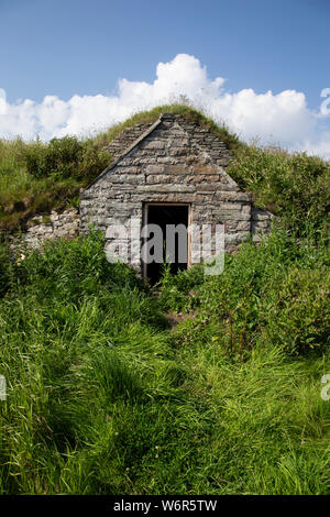 Una vecchia capanna di pietra utilizzata per memorizzare la pesca, funi e reti ora nel sottobosco adiacente a Keiss porto di Caithness in Scozia. Foto Stock