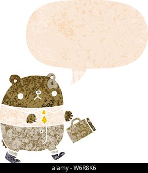 Cartoon recare in abiti da lavoro con il discorso di bolla in grunge distressed retrò stile testurizzata Illustrazione Vettoriale