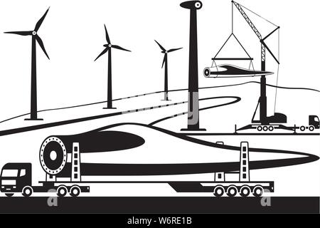 Camion che trasportano pale di una turbina eolica - illustrazione vettoriale Illustrazione Vettoriale