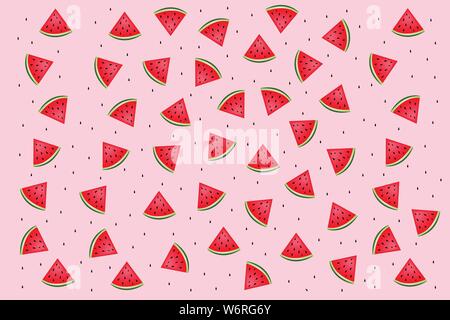 Modello di fette di cocomero e semi su sfondo rosa. Illustrazione Vettoriale