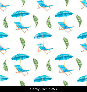 Estate Mare spiaggia, ombrelloni e lettini da spiaggia seamless pattern sfondo bianco. Ombrellone e deskchair su una spiaggia in giorno di estate vacanza. tessili piatte Foto Stock