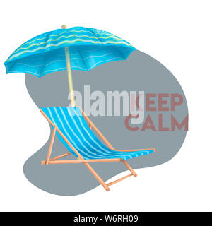 Mare estate spiaggia, ombrelloni, lettini da spiaggia motivi sfondo bianco. Ombrellone e sedia da tavolo su una spiaggia in estate giorno di vacanza. Cartoon Illustraton Foto Stock