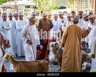 Nizwa, Oman-August 05, 2016: Goatmarket in Nizwa Oman con Omani persone in abiti tradizionali Foto Stock