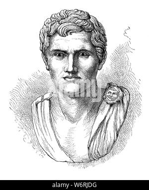 Un ritratto di Gnaeus Pompeo Magno (106 - 48 BCE), un militare e leader politico della tarda Repubblica Romana. Egli è venuto da un ricco provinciale italiano sullo sfondo, e suo padre era stato il primo a stabilire la famiglia tra la nobiltà romana. Pompeo è immenso successo come un generale mentre è ancora molto giovane gli ha permesso di avanzare direttamente al suo primo consulship senza soddisfare le normali esigenze di ufficio. Il suo successo come un comandante militare sulla seconda guerra civile ha provocato sulla conferendo il cognomen Magnus, Pompeo 'Grande', su di lui. Foto Stock