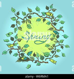 Disegnato a mano cornici floreali con foglie e uccelli Illustrazione Vettoriale