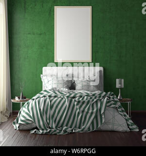 Poster verticale mockup del telaio sopra il letto sulla parete verde in camera da letto. Morbida luce mattutina attraverso la tendina. 3d illustrazione Foto Stock