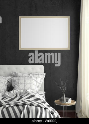 Posizione orizzontale del fotogramma poster mock up sul muro nero in camera da letto. 3d illustrazione Foto Stock