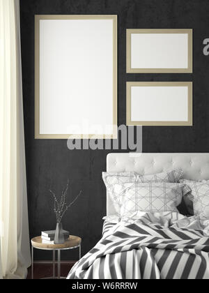 Verticale e orizzontale di piccole cornici poster mock up sul muro nero in camera da letto. 3d illustrazione Foto Stock