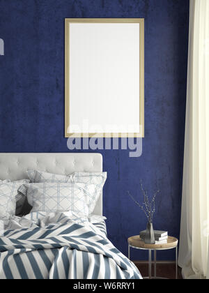 Verticale di fotogramma poster mock up sulla parete blu in camera da letto. 3d illustrazione Foto Stock