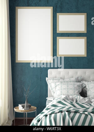 Verticale e orizzontale di piccole cornici poster mock up sulla parete ciano in camera da letto. 3d illustrazione Foto Stock