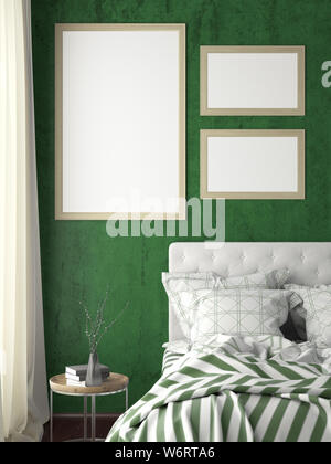 Verticale e orizzontale di piccole cornici poster mock up sulla parete verde in camera da letto. 3d illustrazione Foto Stock