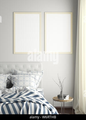 Due blank verticale fotogrammi poster mock up sul muro bianco in camera da letto. 3d illustrazione Foto Stock