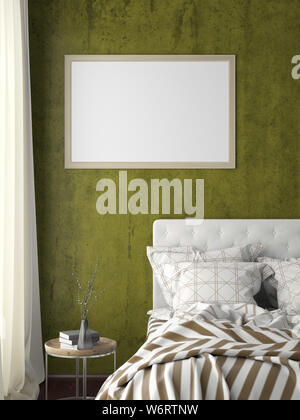 Posizione orizzontale del fotogramma poster mock up sulla parete gialla in camera da letto. 3d illustrazione Foto Stock