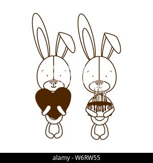 Silhouette di un paio di coniglietti con torta in mano Illustrazione Vettoriale