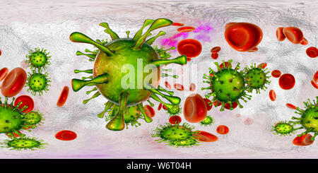 Il citomegalovirus umano (HCMV) nel sangue, panorama a 360 gradi vista, illustrazione del computer. HCMV è un membro della famiglia di herpes virus. Ha un alto tasso di infezione ed è una delle principali cause di malattia in vulnerabile neonati e pazienti immunocompromessi, ma normalmente non causa la malattia negli adulti sani. Foto Stock