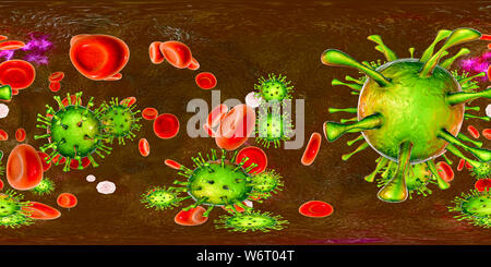 Il citomegalovirus umano (HCMV) nel sangue, panorama a 360 gradi vista, illustrazione del computer. HCMV è un membro della famiglia di herpes virus. Ha un alto tasso di infezione ed è una delle principali cause di malattia in vulnerabile neonati e pazienti immunocompromessi, ma normalmente non causa la malattia negli adulti sani. Foto Stock