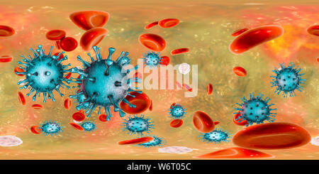 Il citomegalovirus umano (HCMV) nel sangue, panorama a 360 gradi vista, illustrazione del computer. HCMV è un membro della famiglia di herpes virus. Ha un alto tasso di infezione ed è una delle principali cause di malattia in vulnerabile neonati e pazienti immunocompromessi, ma normalmente non causa la malattia negli adulti sani. Foto Stock