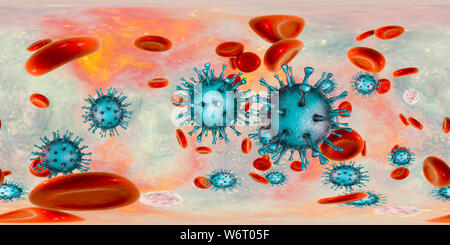 Il citomegalovirus umano (HCMV) nel sangue, panorama a 360 gradi vista, illustrazione del computer. HCMV è un membro della famiglia di herpes virus. Ha un alto tasso di infezione ed è una delle principali cause di malattia in vulnerabile neonati e pazienti immunocompromessi, ma normalmente non causa la malattia negli adulti sani. Foto Stock