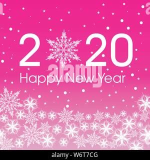 2020 Felice Anno Nuovo modello di scheda. Progettazione patern fiocchi di neve bianca e color porpora. Illustrazione Vettoriale