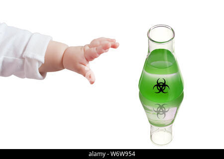 Bambino tira la sua mano per una sostanza pericolosa. La mano del bambino. Pallone biohazard Veleno verde. Avviso di pericolo. Il veleno, simbolo di pericolo. Esperimento di chimica. Foto Stock