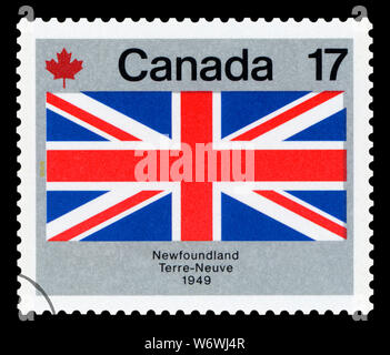 CANADA - circa 1979: un timbro stampato in Canada dalla " Canada giorno. Bandiere' problema mostra bandiera di Terranova, circa 1979. Foto Stock