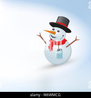 Felice pupazzo di neve nel cilindro. Buon Natale e Felice Anno Nuovo sfondo luminoso sfondo, modello. Natale biglietto di auguri. Illustrazione. Foto Stock