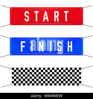 Inizio e Fine appendere striscioni. Illustrazione. Rosso Start, finitura blu a scacchi e striscioni in tessuto con anelli di tenuta. Foto Stock