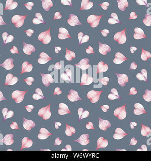 Acquerello seamless pattern romantica del cuore-rosa a forma di petali di fiori isolati su sfondo grigio. Foto Stock