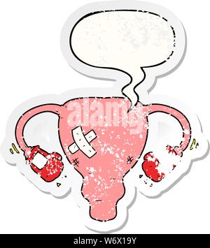 Cartoon battere con utero i guantoni con discorso bolla addolorato addolorato il vecchio adesivo Illustrazione Vettoriale