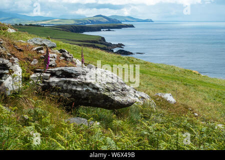 Vista guardando verso est lungo la costa da Caher Conor Beehive capanne a Fahan sulla penisola di Dingle, nella contea di Kerry, Repubblica di Irlanda Foto Stock