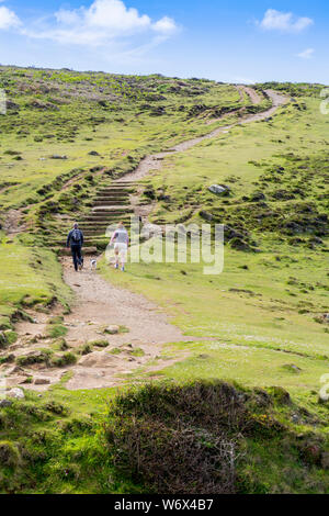 Dog walkers sul Il Pembrokeshire Coast National Park, sentiero costiero tra Whitesands Bay e St Davids Testa, Wales, Regno Unito Foto Stock