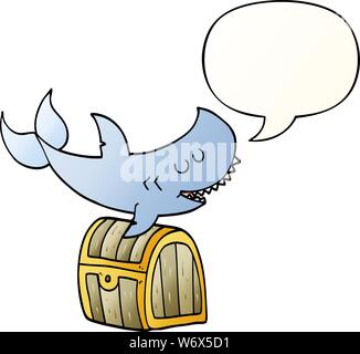 Cartoon shark nuoto oltre lo scrigno con il discorso di bolla in buon stile gradiente Illustrazione Vettoriale