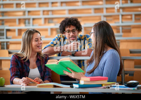 Un gruppo di giovani studenti sulla discussione e la scrittura insieme al college Foto Stock